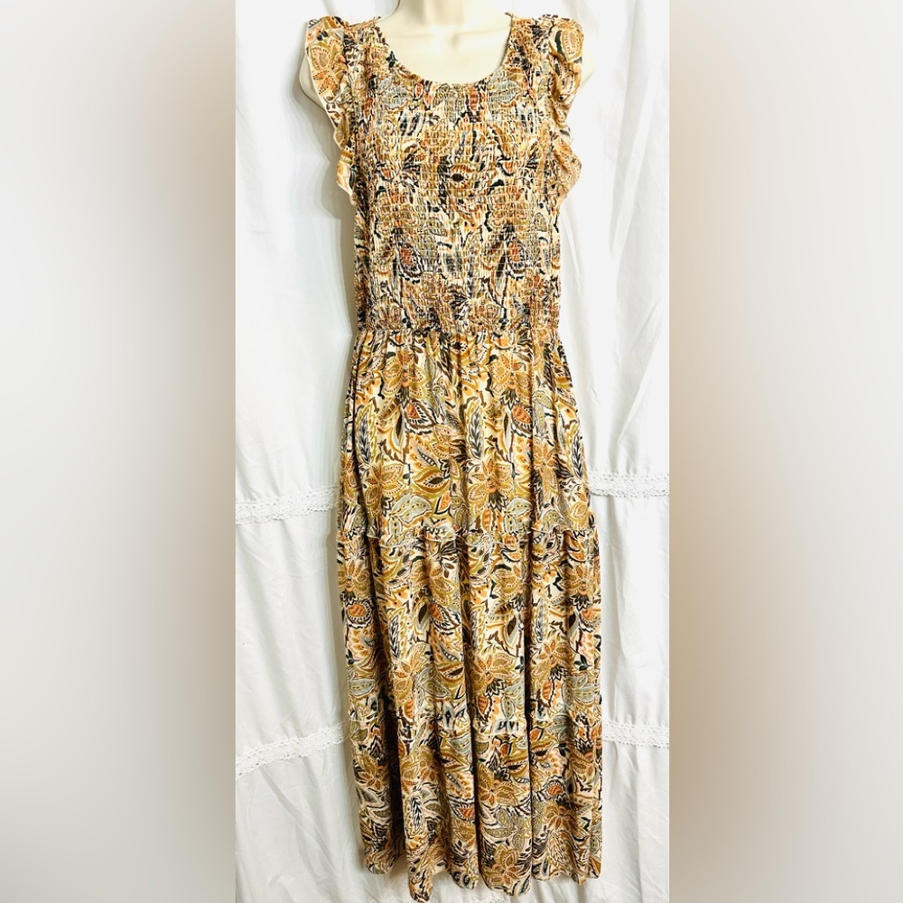 MELLODAY Women Tiered Smocked Bodice Sleeveless Boho Garden Ruffles Maxi Dress M